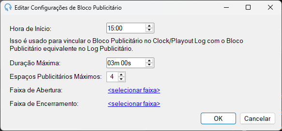 Janela Editar Configurações de Bloco Publicitário