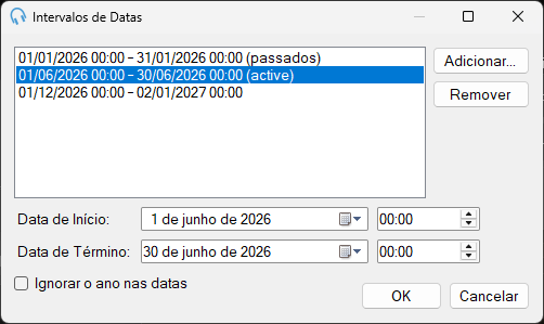A janela Intervalos de Datas mostrando uma lista de intervalos ativos, futuros e passados