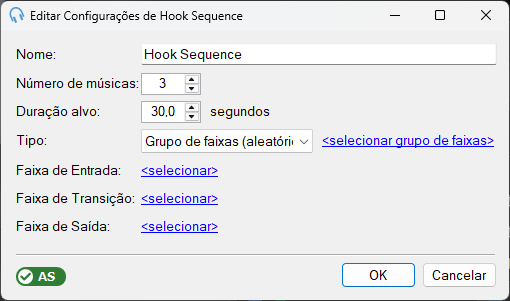 Janela de configurações de edição de Hook Sequence
