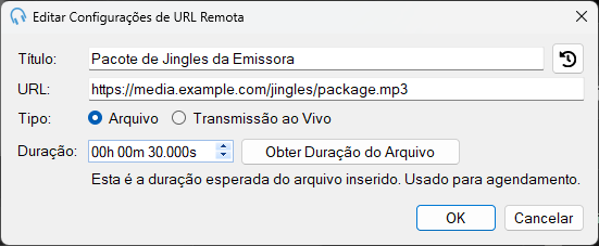 Janela Editar Configurações de URL Remota