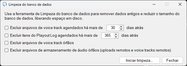 Janela Limpeza do banco de dados