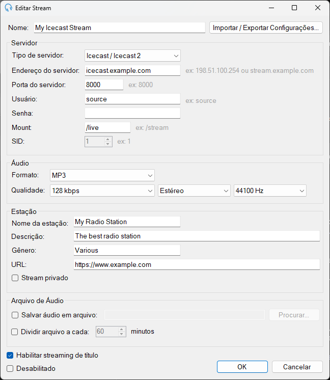 Janela Editar Stream de Internet Broadcast