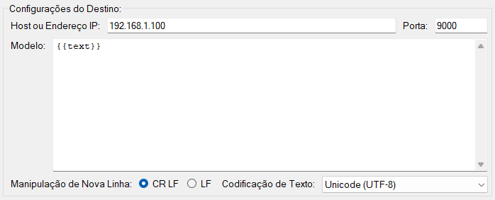 Configurações do destino TCP/IP
