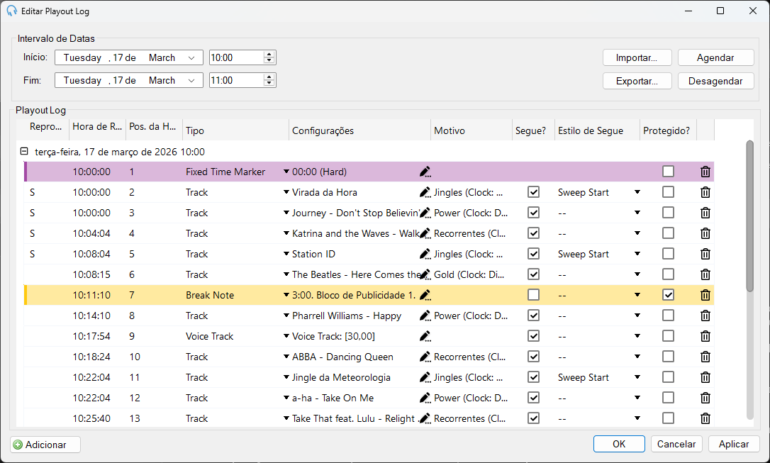 Janela Editar o Playout Log com itens agendados