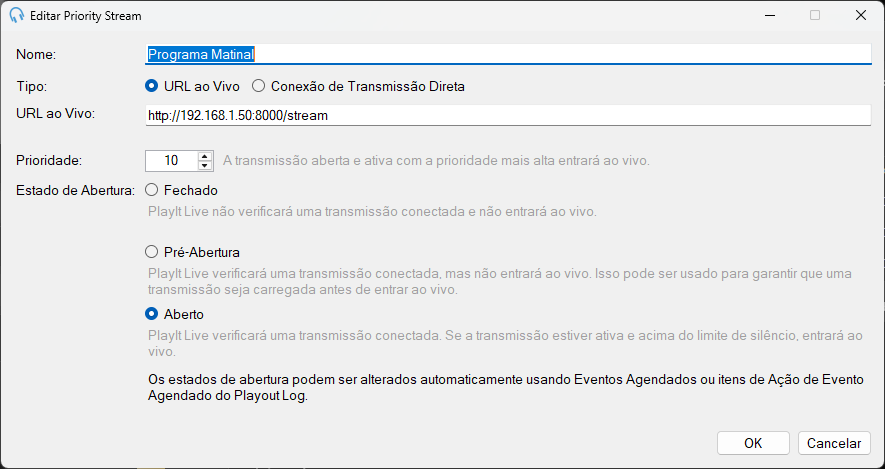 Janela Editar Priority Stream