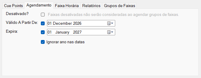 Aba Agendamento da janela Editar Faixa