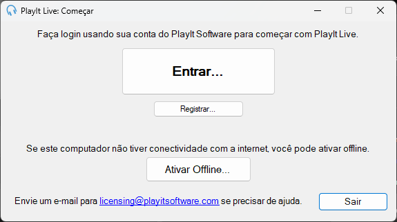 Janela Começar do PlayIt Live