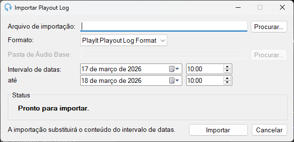 Janela Importar Playout Log