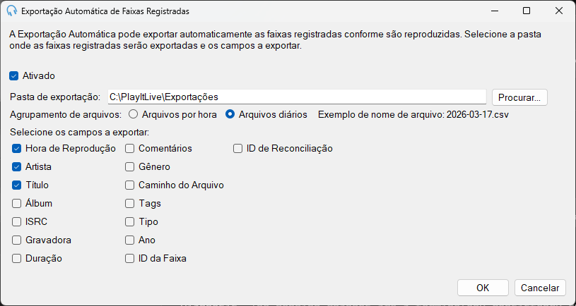Janela Exportação Automática de faixas registradas