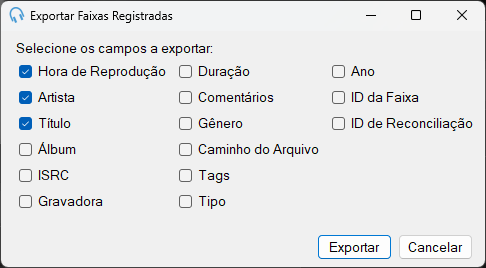 Janela Exportar faixas registradas