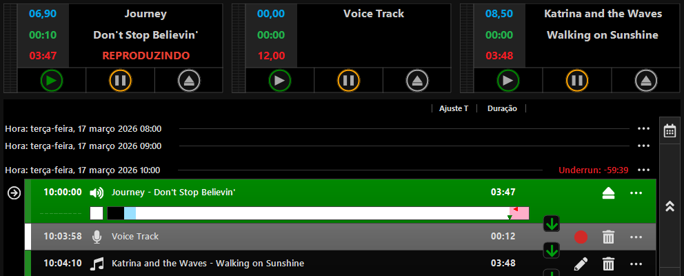 PlayIt Live com um voice track gravado no Playout Log