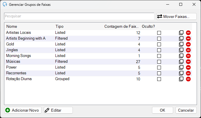 Janela Gerenciar Grupos de Faixas do PlayIt Live