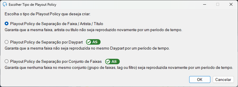 Janela Escolher Tipo de Playout Policy