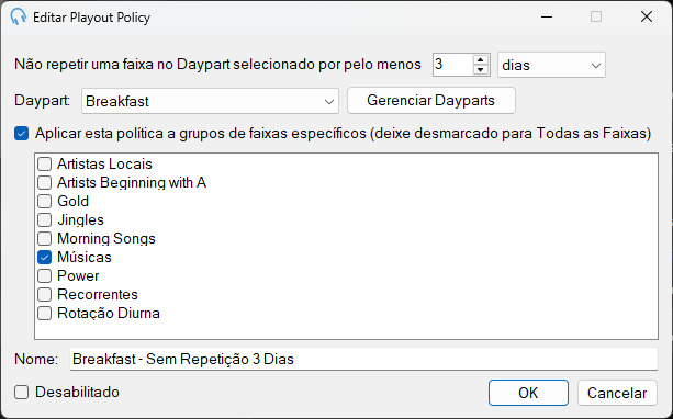 Janela Editar Playout Policy de Separação por Daypart