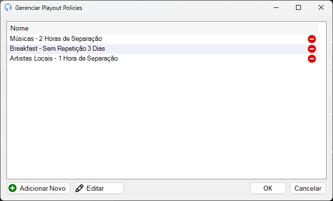 Janela Gerenciar Playout Policies