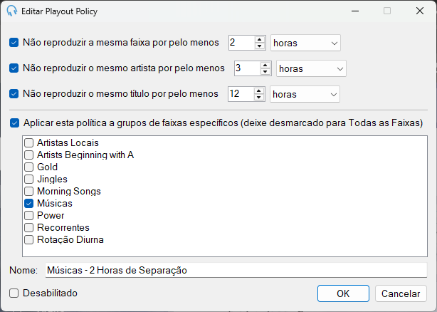 Janela Editar Playout Policy de Separação de Faixa / Artista / Título