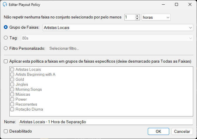 Janela Editar Playout Policy de Separação por Conjunto de Faixas
