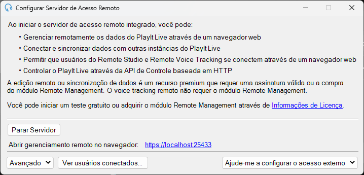 Janela de configuração do servidor de acesso remoto integrado