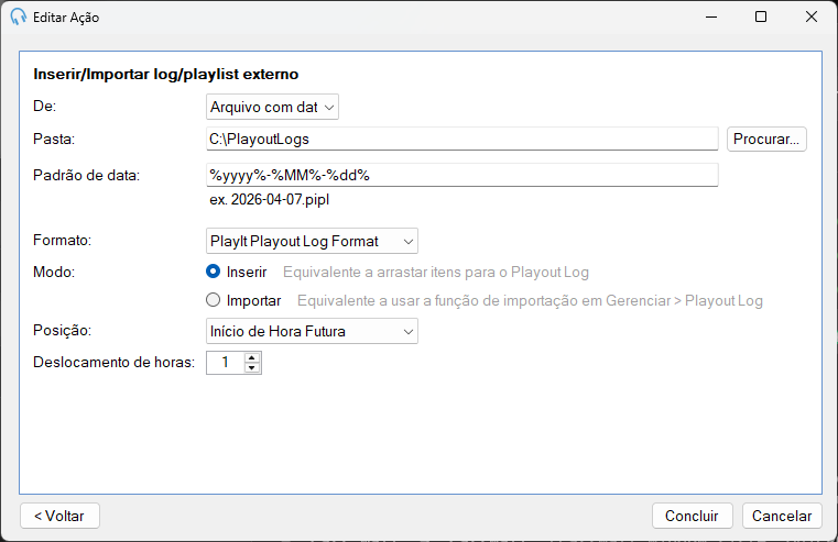 Ação Inserir log/lista de reprodução externo