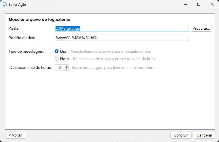Ação Mesclar Arquivo de Log Externo