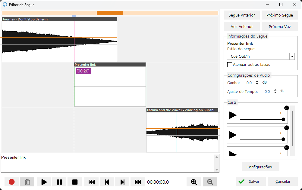 Editor de Segue com marcador de posição de voice track pronto para gravar