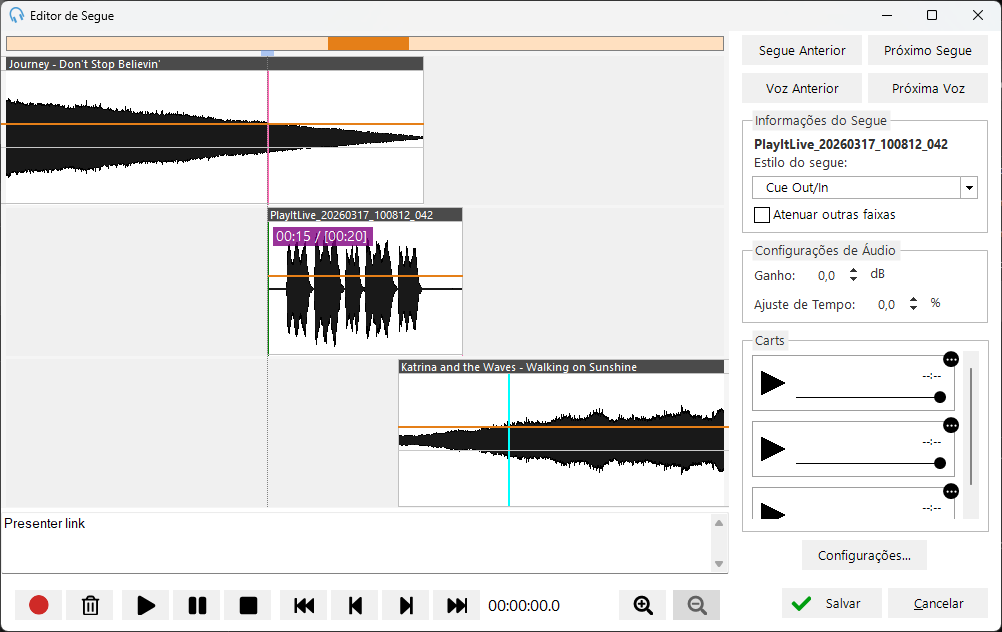 Editor de Segue com um voice track gravado, não aparado