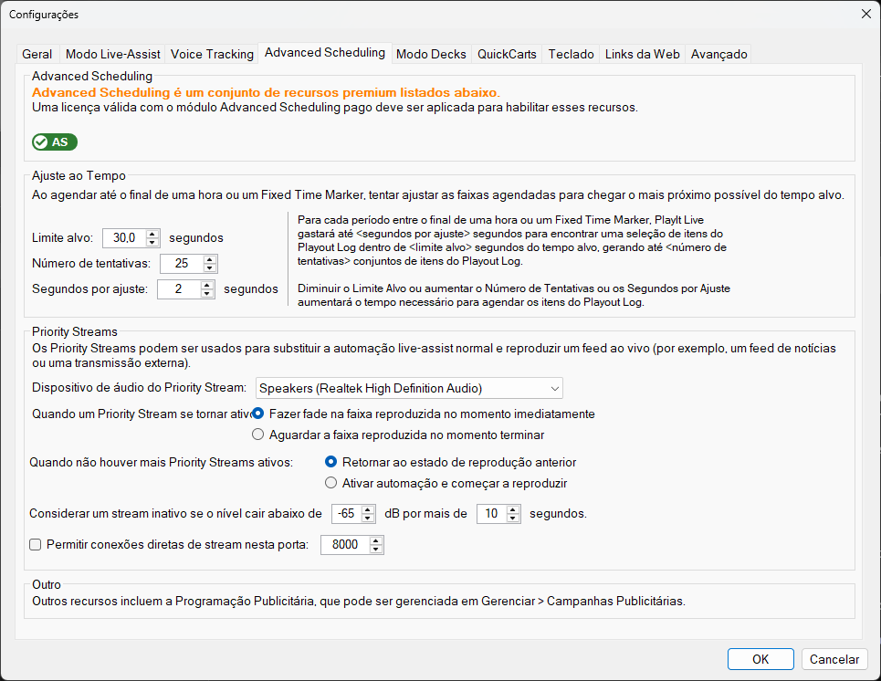 Configurações do PlayIt Live - Aba Advanced Scheduling