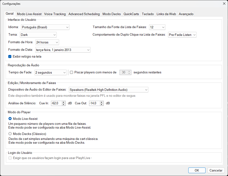 PlayIt Live Configurações - guia Geral