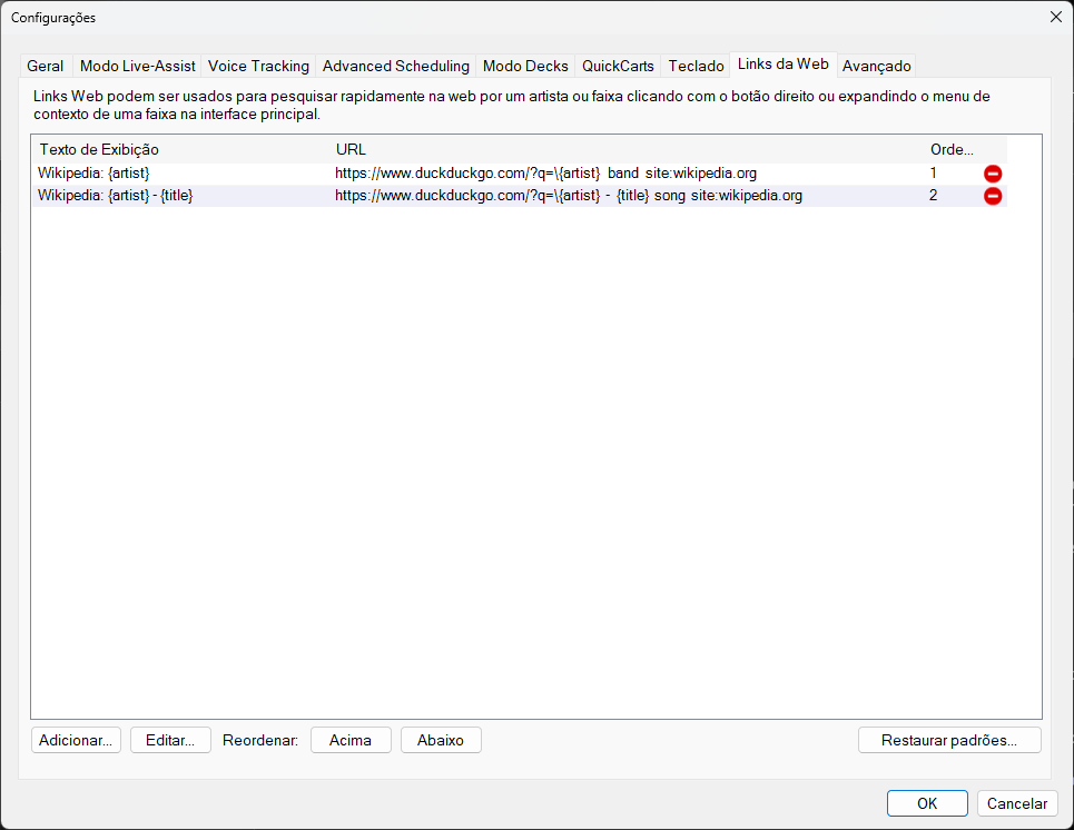 Configurações do PlayIt Live - Aba Links Web