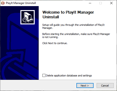 PlayIt Manager Uninstall welcome window