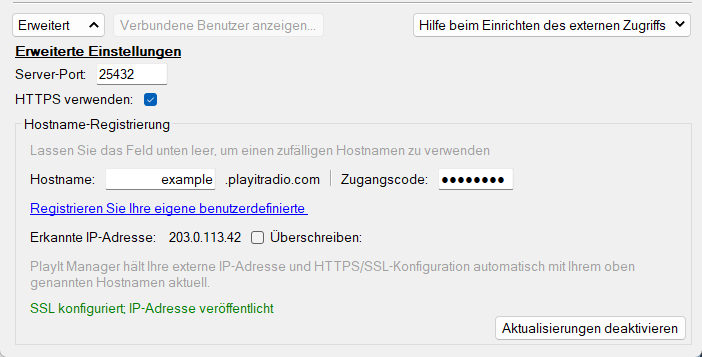 PlayIt Manager-Server konfigurieren, Abschnitt "Erweiterte Einstellungen"