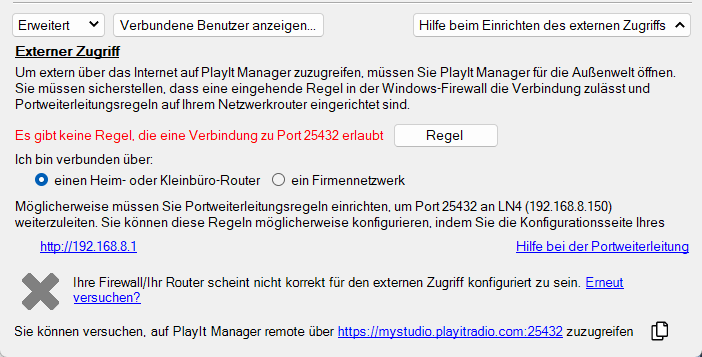 PlayIt Manager Server konfigurieren, Abschnitt Externer Zugriff