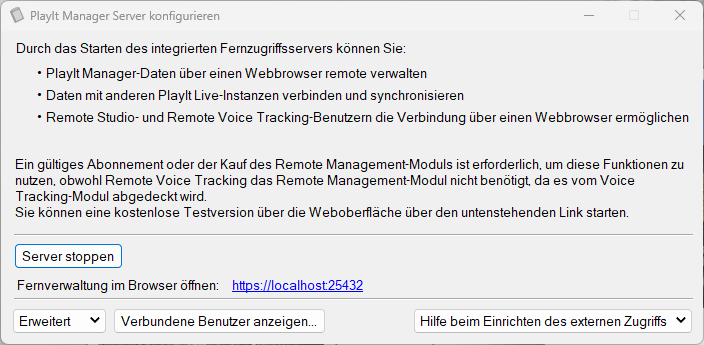Fenster „PlayIt Manager Server konfigurieren“ mit gestartetem Server