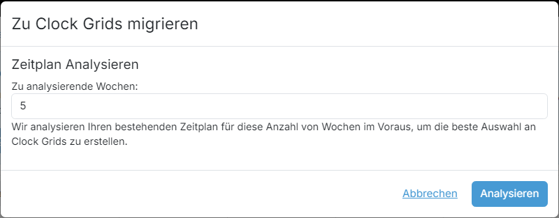 Der Assistent "Zu Clock Grids migrieren" im Schritt "Zeitplan Analysieren"
