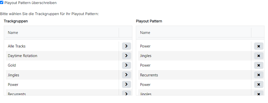 Die Registerkarte "Playout Pattern" des Clock-Editors, die das aktivierte Kontrollkästchen "Playout Pattern überschreiben" über einer zweispaltigen Trackgruppen-Auswahl zeigt