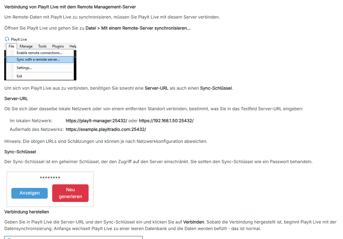Die Seite "PlayIt Live verbinden"