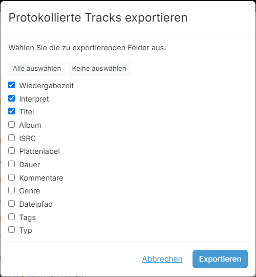 Ein Dialog, der die Felder auflistet, die in die exportierte CSV-Datei einbezogen werden können, mit Kontrollkästchen sowie den Schaltflächen „Alle auswählen“, „Keine auswählen“, „Abbrechen“ und „Exportieren“