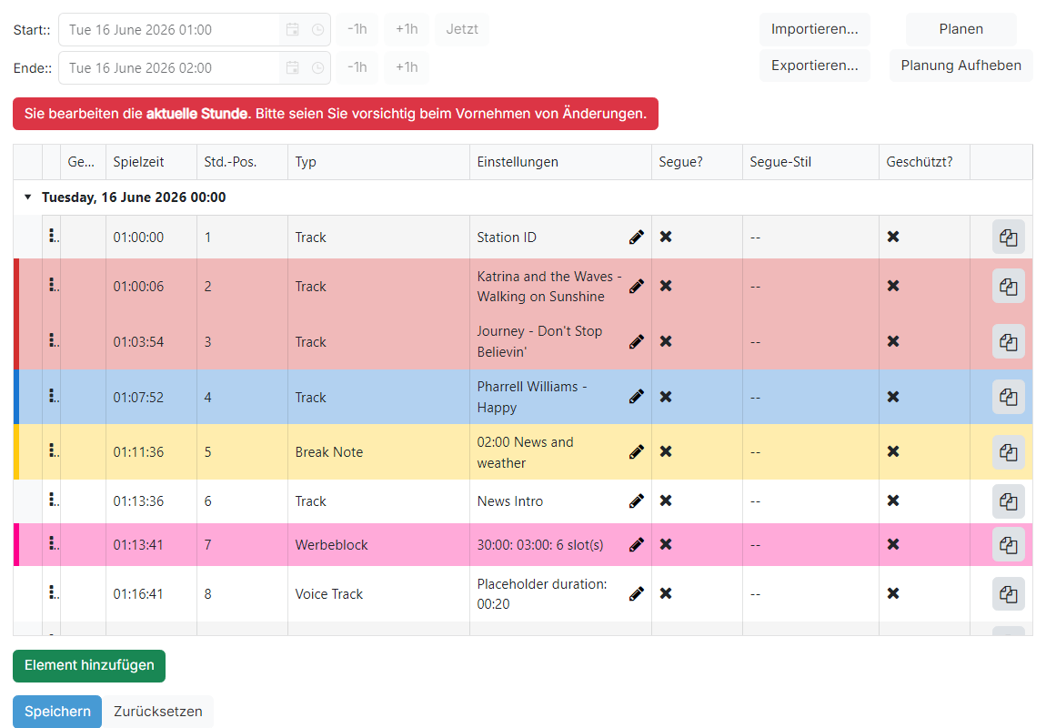 Die Seite Playout Log im Bearbeitungsmodus