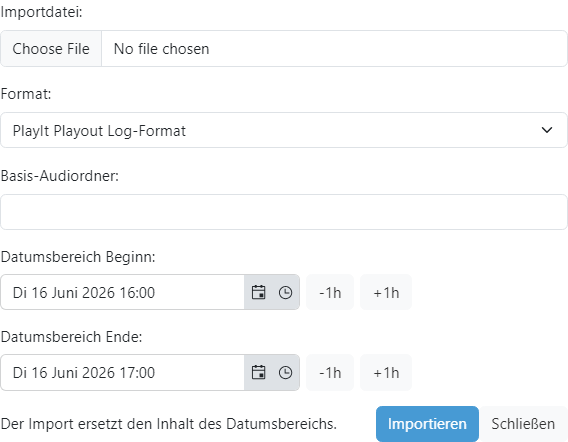 Das Popup „Playout Log importieren“