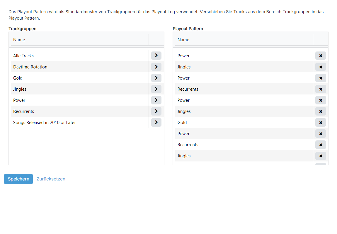 Die Seite „Playout Pattern bearbeiten“