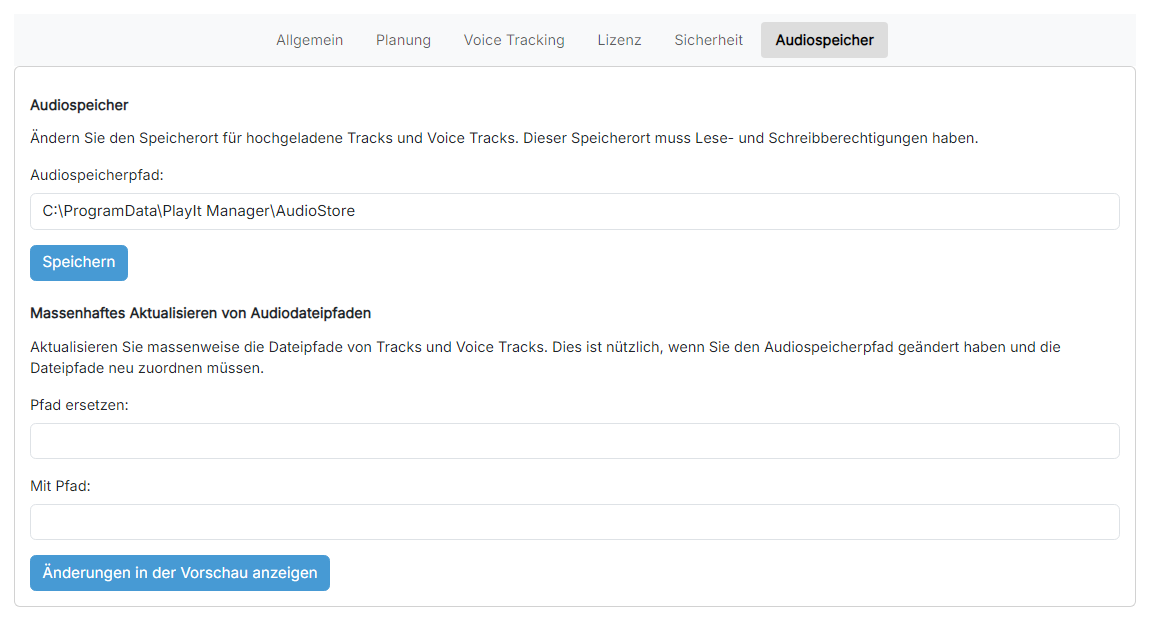 Die Seite mit den Einstellungen für den Audiospeicher