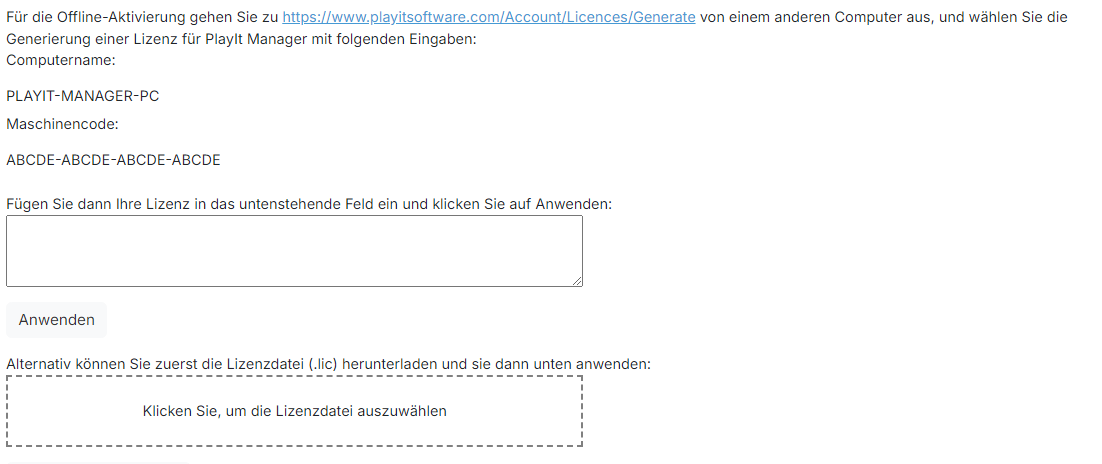 Formular für die Offline-Aktivierung