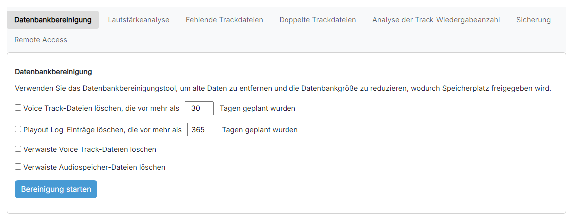 Die Seite Datenbankbereinigung