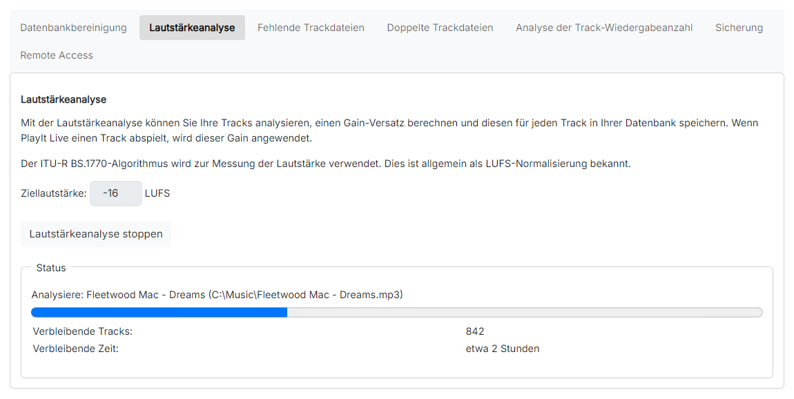 Die Seite „Lautstärkeanalyse“