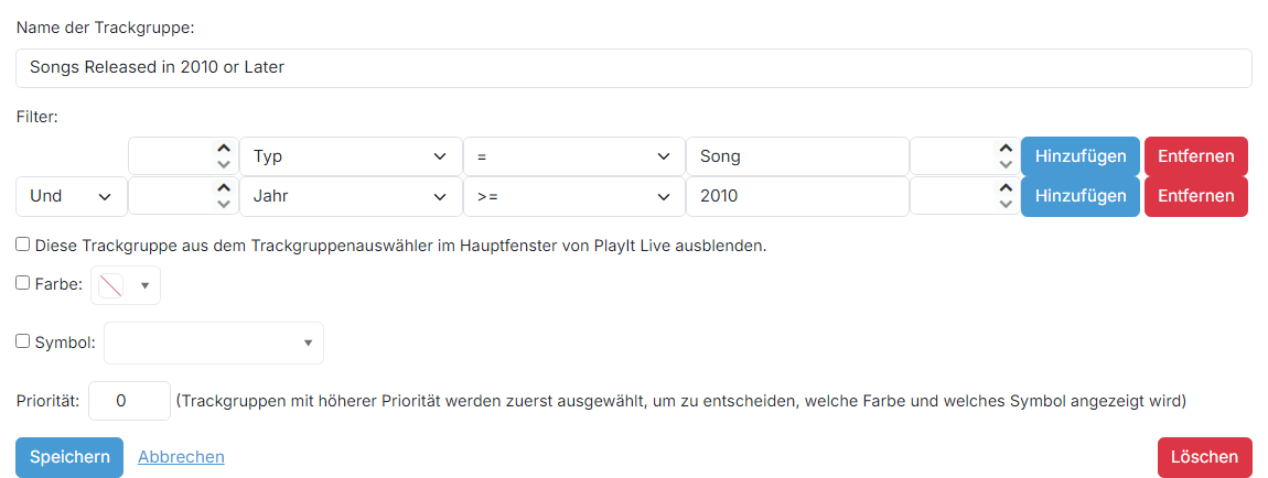 Die Bearbeitungsseite für gefilterte Trackgruppen