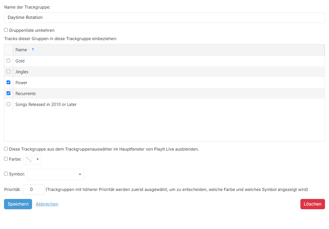 Die Bearbeitungsseite für gruppierte Trackgruppen