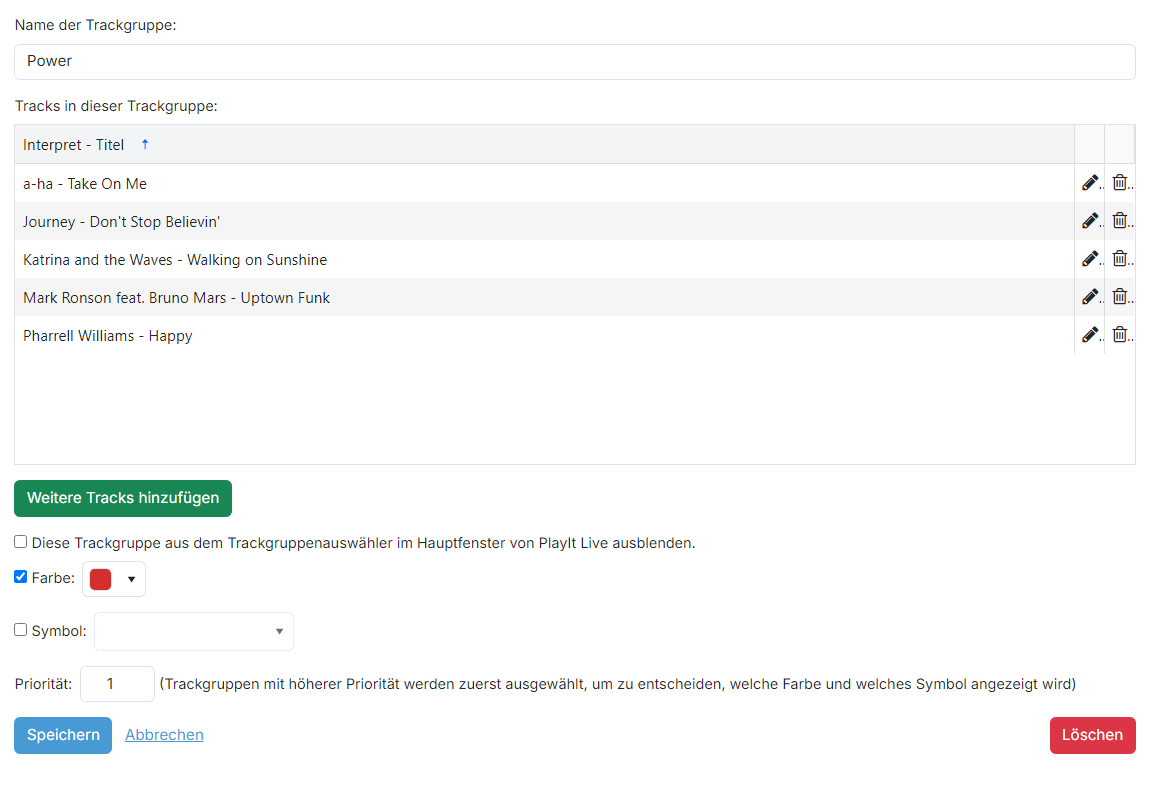 Die Bearbeitungsseite der aufgelisteten Trackgruppe