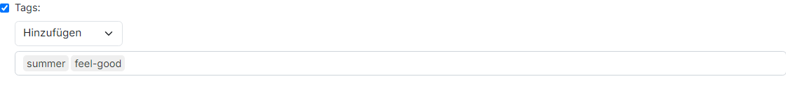 Das Tags-Feld im Massenbearbeitungsmodus mit dem auf Hinzufügen gesetzten Dropdown-Menü und zwei eingegebenen Tags