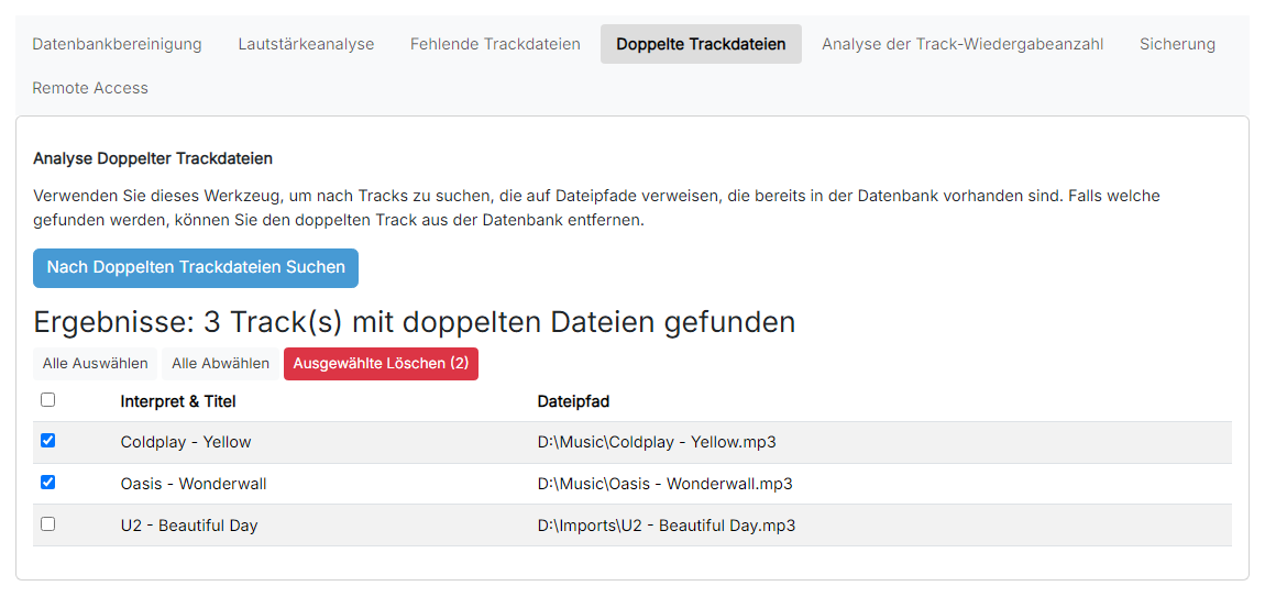 Die Ergebnistabelle des Scans nach doppelten Trackdateien mit mehreren ausgewählten Zeilen und der sichtbaren Schaltfläche „Ausgewählte Löschen“