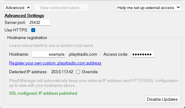 Configure PlayIt Manager Server, Advanced Settings section